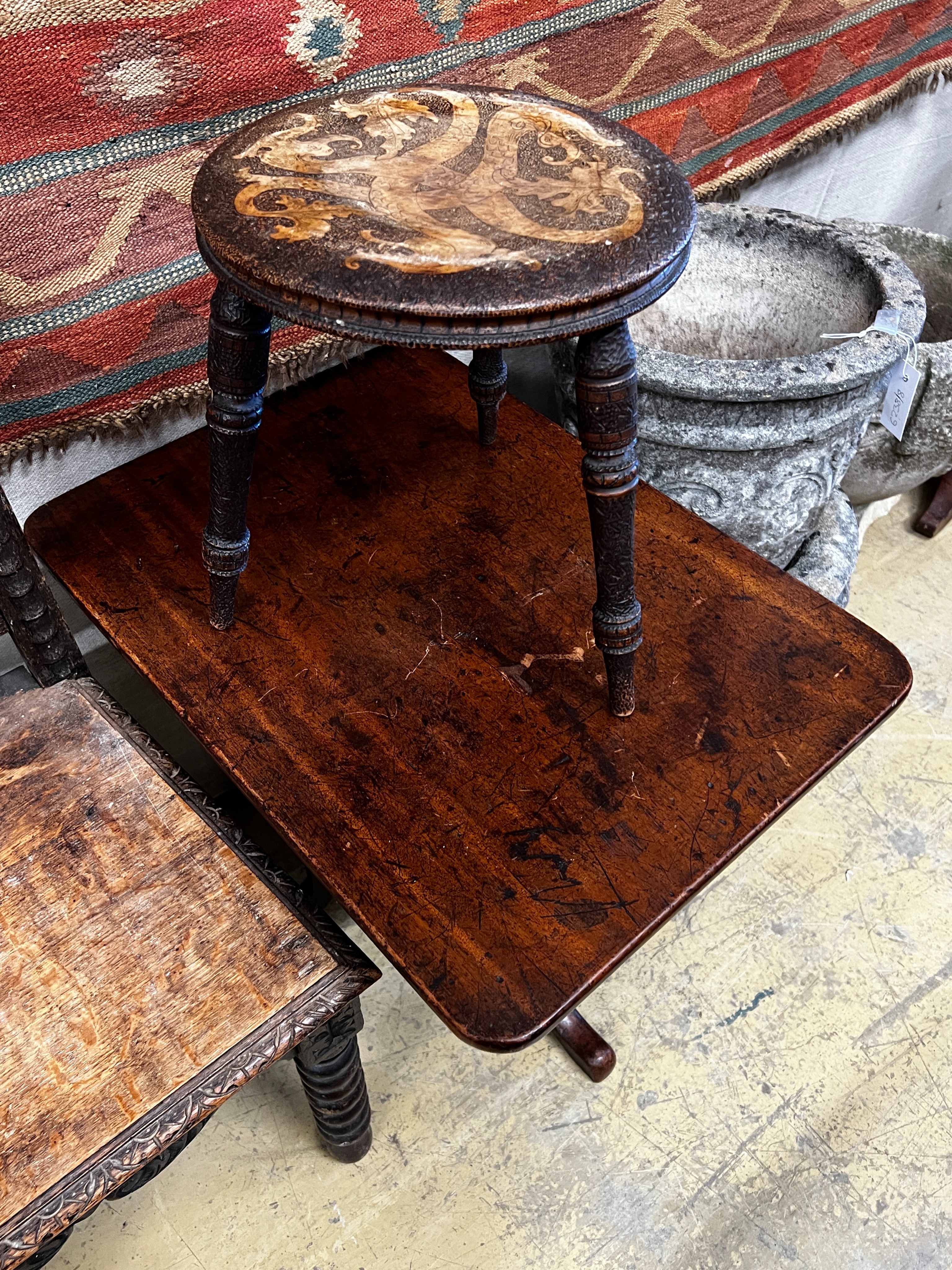 A Victorian oak hall chair table, spinning chair, a pokerwork stool and a wine table *Please note the sale commences at 9am.